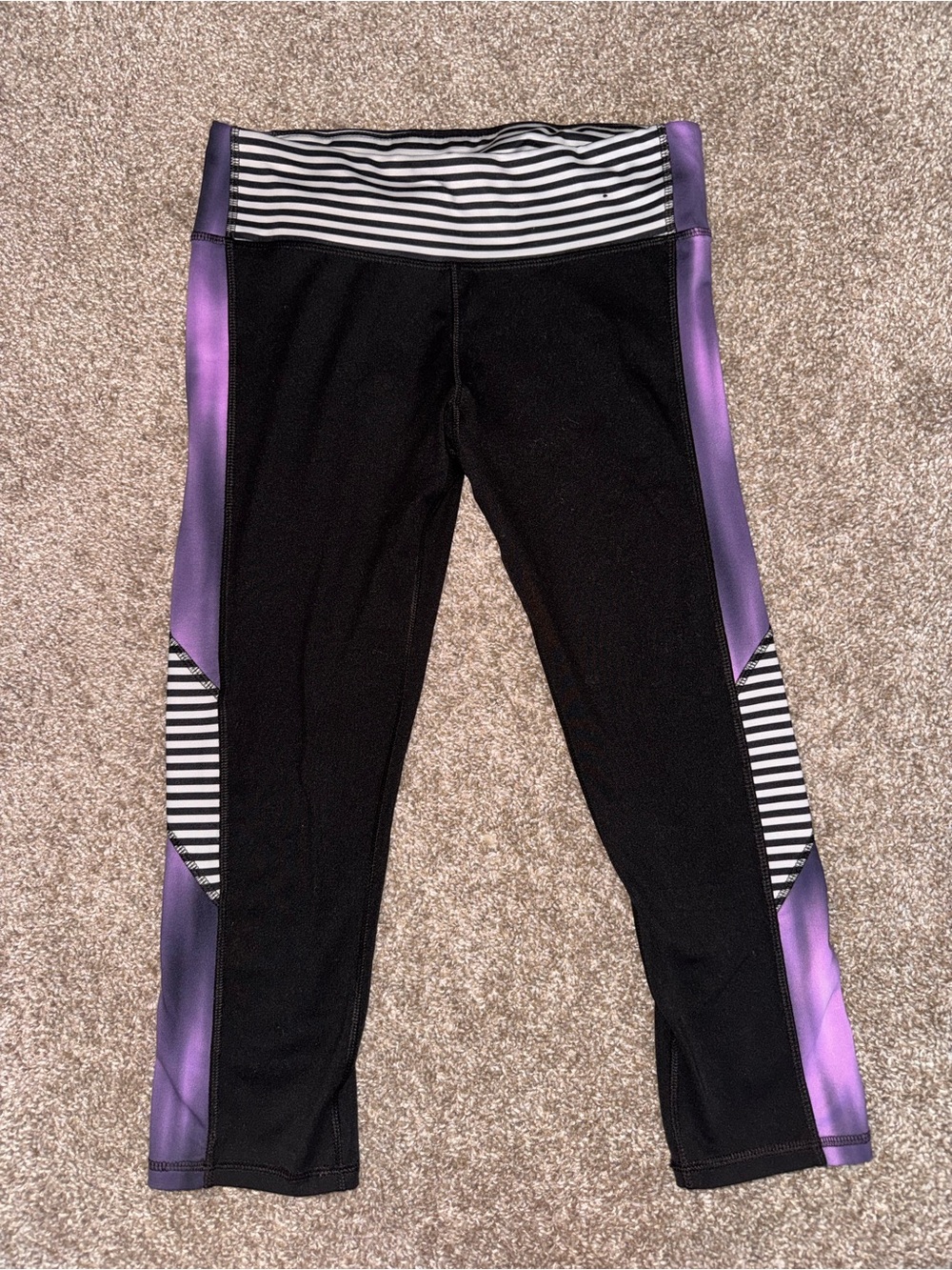 Women’s Champion Black Capri Leggings with Purple Panels and Striped Waistband
